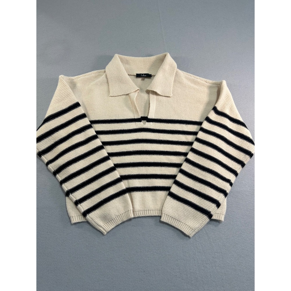 Lulus Sweater Womens Large Cream Black Striped Long Sleeve Knit Collar Top